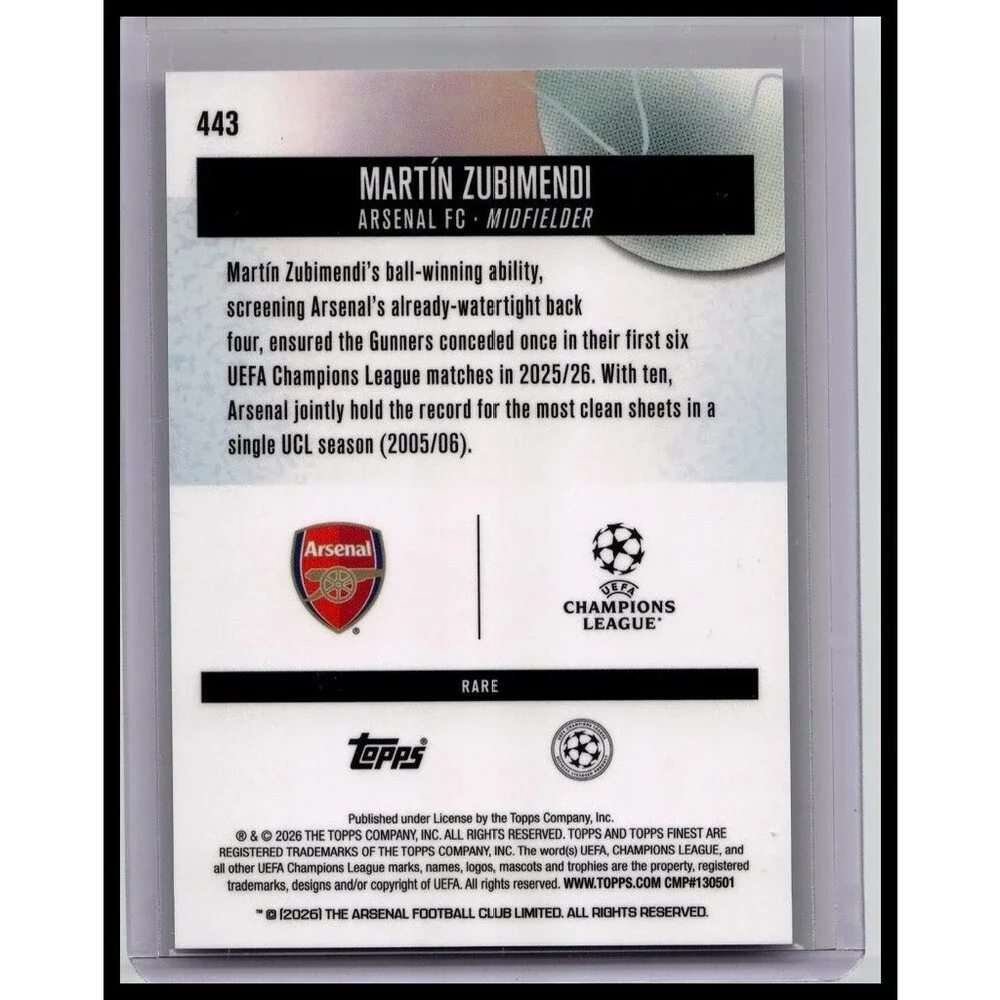 2026 Topps Finest# 443 Martín Zubimendi, Arsenal FC Blue Checkerboard/49